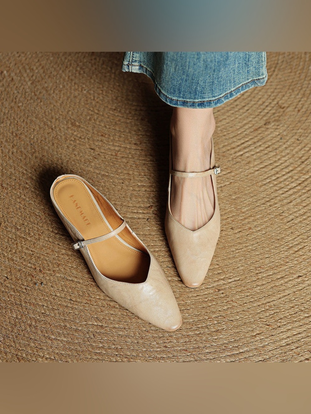 Handmade Leather Mary Jane Mules Cream Beige Pointed Toe Flat Slides sz 40/9/250